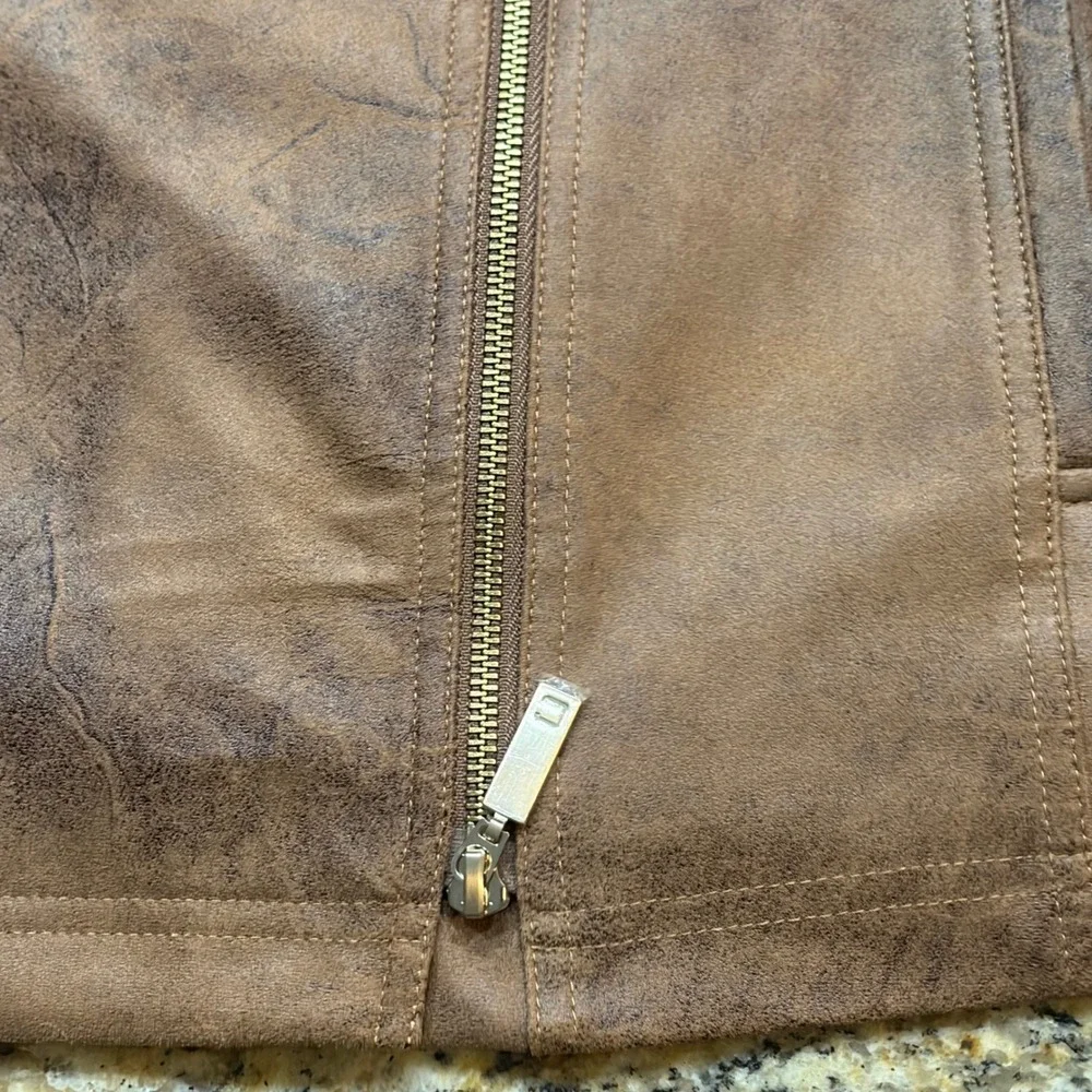 Chico's Elongated Moto Coated Faux Suede Jacket Worn Luggage Brown 4 20/22 ws